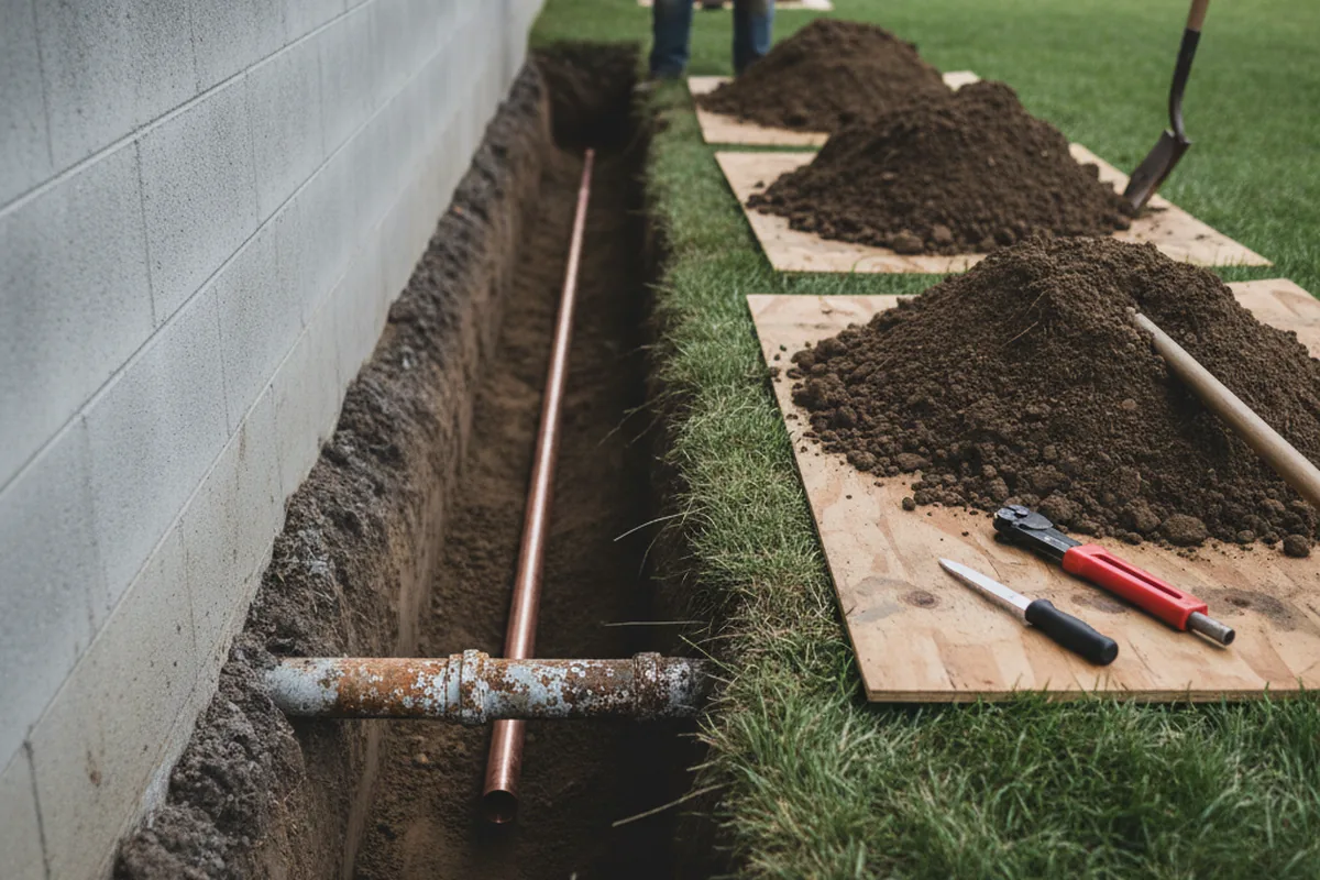 Excavated water line trench during Sewer Line Repair in Weston